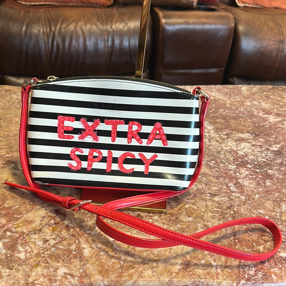 Kate Spade Black and White Striped Clutch with Red Accents